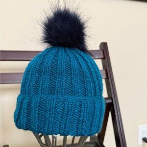 Cozy Teal Knit Beanie with Fluffy Black Pom Pom